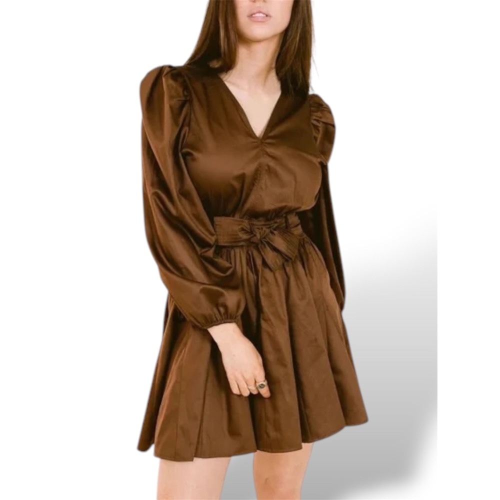 LaRoque Original Bronze Brown Cotton Puff Sleeve V-Neck Mini Dress Large A341